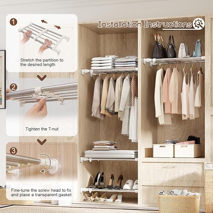 Tension Shelf Expandable Rod Closet Tension Shelf for Closet | System Heavy Duty Clothes Hanger Adjustable DIY Storage Organizer Freestanding Partitions Shoe Rack - Image 4