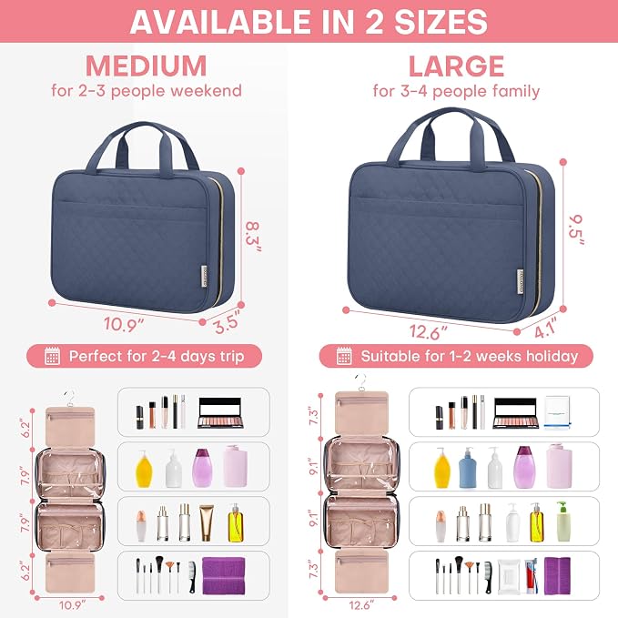 HXLGMD Travel Size Toiletry Bag for Women, Portable Cosmetic Bag with Hanging Hook, Travel Essentials Water-resistant Makeup Organizer for Accessories, Shampoo, Full-size Container, Toiletries - Image 2