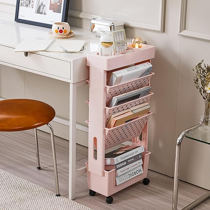 Pink Rolling Office Paper Organizer, Mobile Book Cart Document Folder File Storage with Pen Holder, Slim Rolling Storage Cart Movable Bookshelf for Office, Dorm, Classroom, Nursery - Image 2