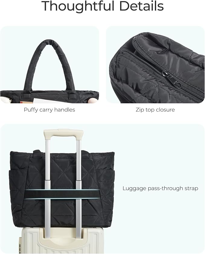 BAGSMART Tote Bag for Women, Puffer Tote Bag with Zipper, Large Quilted Shoulder Bag with Compartments for Travel, Work, Gym - Image 7