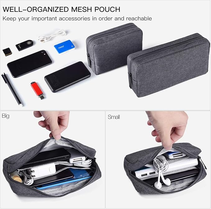 Universal Electronics Accessories Carrying Case, 2PCS Big + Small Portable Storage Pouch, Cosmetic Bag, Cable Organizer Compatible Hard Drive, Mouse, Power Bank, Adapter, Cellphone, Space Gray - Image 3