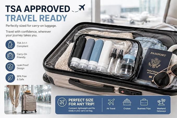 18 Pack TSA Approved Travel Bottles for Toiletries – Leak Proof Silicone Refillable Containers Set with Toiletry Bag, Squeeze Bottles, Spray Bottles & Cream Jars for Shampoo, Conditioner & Lotion - Image 7