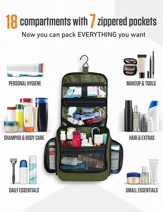 VENTURE 4TH Hanging Travel Toiletry Bag, 18 Compartments - Forest Green | Hangs on rails, hooks or doors; stands upright. Removable TSA pouch. Water-resistant Nylon 290D Twill, reinforced stitching. - Image 3