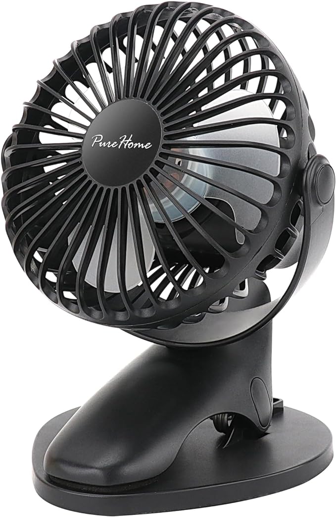 Portable Clip Fan Battery Operated,3 Speeds USB Rechargeable Mini Table Fan with Strong Airflow,360°Rotation Ultra Quiet Personal Desk Fan for Home Office Bedroom Dorm Stroller Camping(Black) by PureHome
