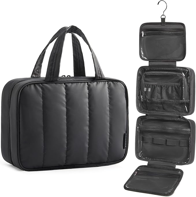 BAGSMART Travel Toiletry Bag for women, Portable Hanging Hook Makeup Bag Organizer, Waterproof Makeup Cosmetic Bag, for Full-Size Accessories, Toiletries,Black by BAGSMART