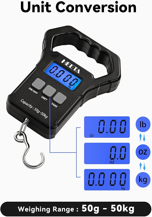 HEETA Fish Scale 110lb/50kg Digital Hanging Fishing Luggage Weight Scale | Portable with Backlit LCD Display, Hook & Non-Slip Large ABS Handle, Fishing Gifts Gear for Men, 2 AAA Batteries Included - Image 3