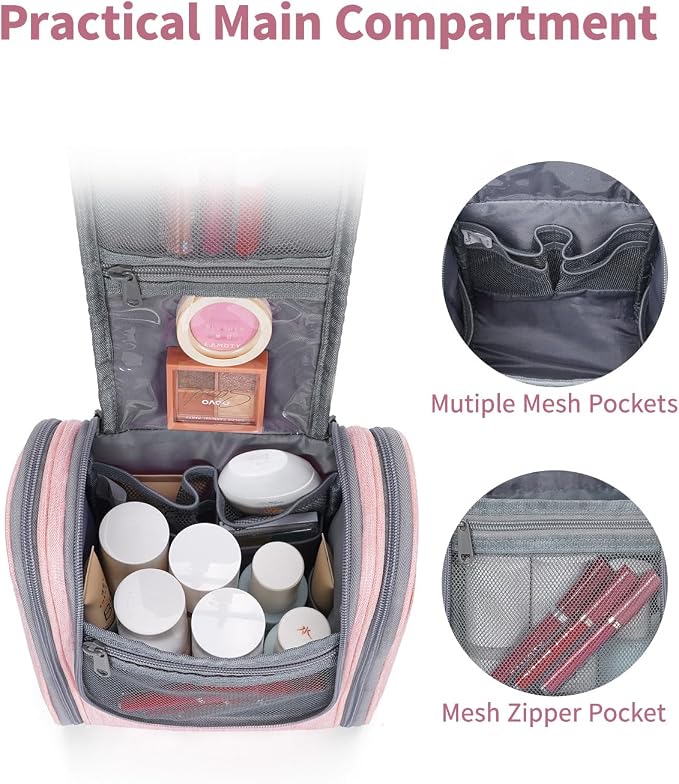 Narwey Small Hanging Toiletry Bag Women Travel Makeup Bag Organizer Toiletries Bag for Travel Size Essentials Accessories Cosmetics (Medium, Pink) - Image 3