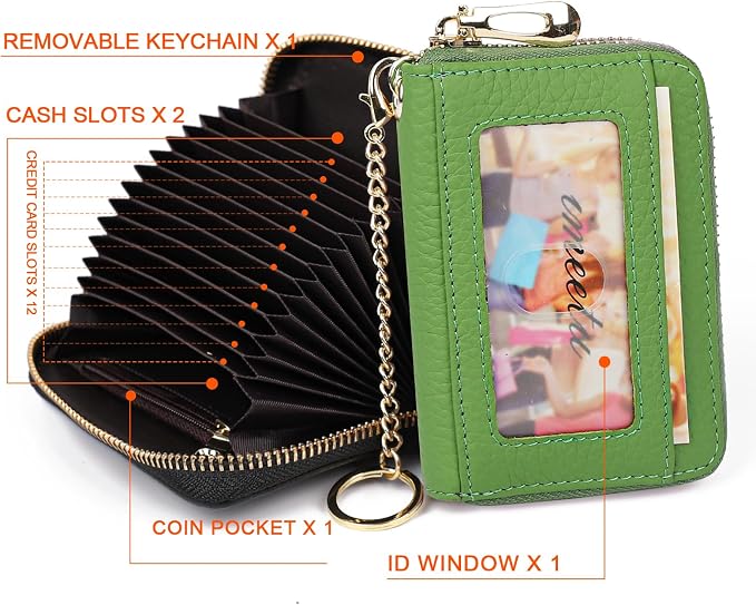 imeetu RFID Credit Card Holder, Small Card Wallet Women, Leather Card Case | Genuine Leather Women's Card & id Cases, Change Coin Purse with Zipper Keychain id Window, 20 Colors & 3 Styles, Daily, Gifts - Image 3