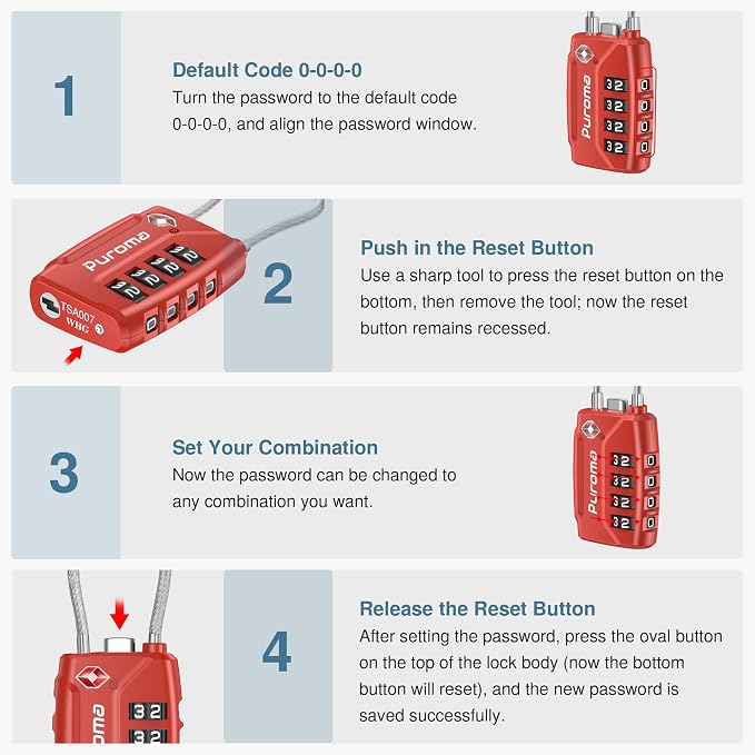 Puroma 2 Pack TSA Approved Luggage Locks 4 Digit Code Cable Lock Red | Resettable, Flexible Cable, Zipper holes, Zinc Alloy, Bright Color, Large White Numbers, Suitcase Train Travel, laptop bag - Image 6