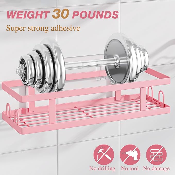 Youvip Pink Shower Caddy, 3 Pack | Shower Shelves, Stronger Adhesive, Soap Holder and 12 Hooks, No Drilling, Bathroom Organizer and Storage - Image 3