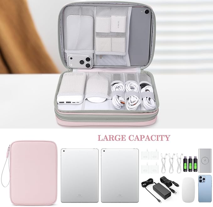 FYY Electronic Organizer, Travel Tech Pouch Bag, Extra Large, Light Pink | Wrist Strap, Waterproof, Double Layers Electronics Travel Case for iPad, Cord, Laptop Charger, Daily and Business Trips Use - Image 6