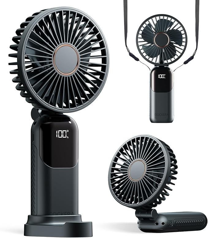 GOCKERA Portable Fan, 4200mAh Battery Operated Fan, 5 Speeds&Digital Display, Makeup Fans for Women with Base, 180°Foldable 3in1 Handheld/Neck/Desk Fan for Outdoor Indoor,Ultra Quiet (Black) by GOCKERA