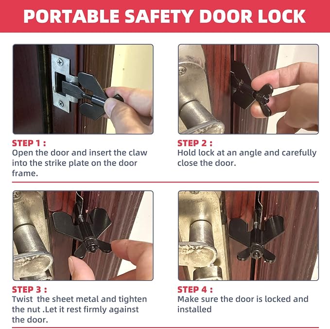 2 PCS Portable Door Lock,Door Lock,Home Security Door Locker Travel Lockdown Locks for Additional Safety and Privacy Protion,Door Lock Security Devices,for Home Hotel School Apartment - Image 4