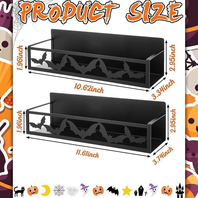 Beeveer 2 Pcs Magnetic Spice Rack for Refrigerator, Black Bat | Halloween Gothic Kitchen Decor, Spooky Home Accessories, 2 Sizes Metal Storage Shelf for Fridge Spices, No Drilling - Image 3