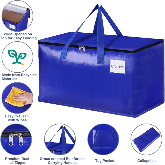 StorageRight Moving Bags, Moving Boxes, 93L 6-Pack Sotrage Bags, 4 Colors | Heavy Duty Storage Bins with Lids, Zipper, Reinforced Handles, Tag Pocket, Foldable Moving Supplies for Collge, Dorm,Travel - Image 3