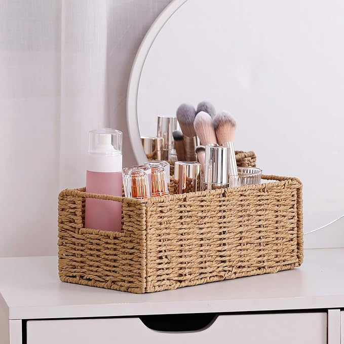 Wicker Storage Basket, Set of 2 Hand-Woven Paper Rope Wicker Basket, Small Storage Baskets for Organizing Toilet Paper Basket, Foldable Large Cube Storage Organizer Bins for Shelves (Natural) - Image 7