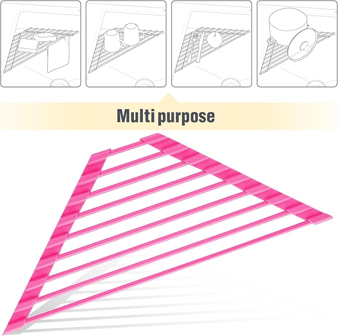 Tomorotec Roll Up Dish Drying Rack with Silicone Coating, Hot Pink | 304 Stainless Steel with BPA-Free Silicone, Triangle Design Maximizes Sink Corner Space, Fits Compact Kitchens And RVs - Image 8