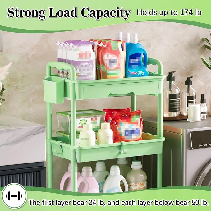 SUNALLY 4 Tier Rolling Cart with Drawer, Craft Storage Cart Organizer,Green | Bathroom Storage Organizer with 2 Lockable Wheels, Rolling Utility Cart for Kitchen, Office, Baby, Makeup, Nail,Snack,Laundry - Image 5