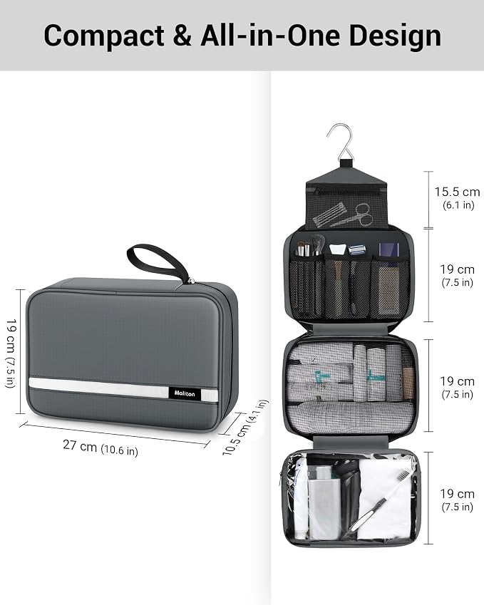 Maliton Toiletry Bag for Men & Women Travel Toiletry Bag Hanging Toiletry Bag Hygiene Organizer with 4 Compartments Waterproof Bathroom Shower Bag Large Toiletries Travel Bag (Gray) - Image 3