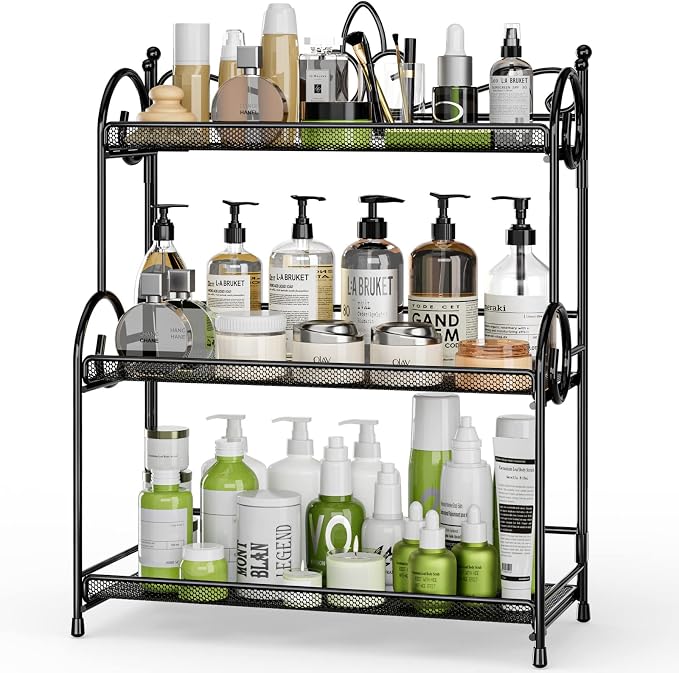 EKNITEY Bathroom Counter Organizer - 3 Tier Spice Rack(No Assembly) | Skincare Countertop Organizers, for Bathroom Kitchen Bedroom, Sturdy Metal Frame, Easy to Clean, Foldable, Black by EKNITEY