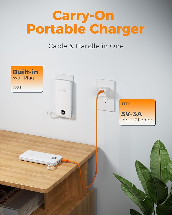 Portable Charger with Built in Cables,TESSAN 10000mAh Power Bank Fast Charging with Foldable Wall Plug Charger, PD20W Compact Battery Pack Travel Essentials for iPhone 17/16/15 Series,Samsung,Tablets | PD20W USB C Fast Charging with Foldable AC Outlets... - Image 3