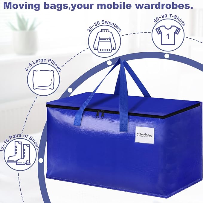 StorageRight Moving Bags, Moving Boxes, 93L 6-Pack Sotrage Bags Totes, Blue | Heavy Duty Storage Bins with Lids, Zipper, Reinforced Handles, Tag Pocket, Foldable Moving Supplies for Collge, Dorm,Travel - Image 4