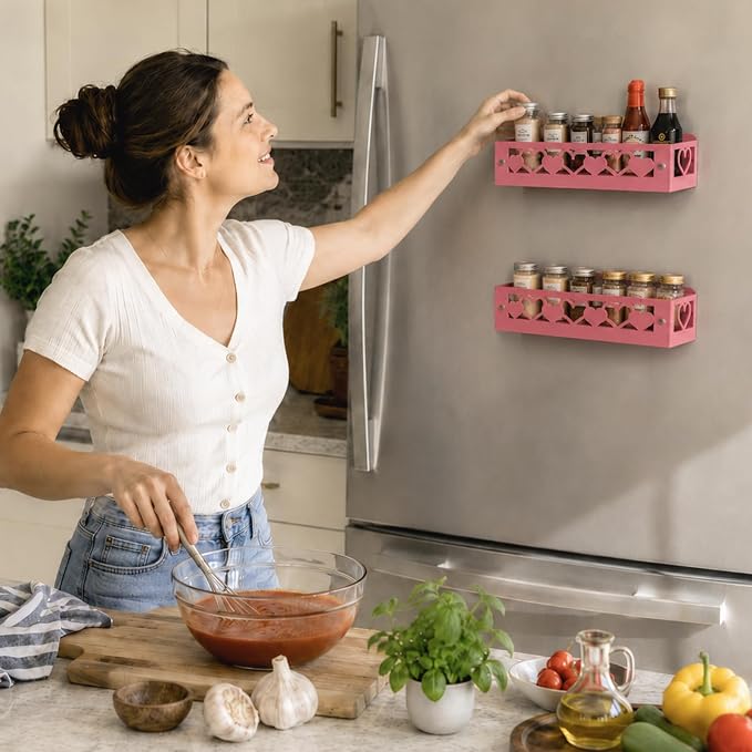 OYEFLY Pink Heart Magnetic Spice Rack for Refrigerator, Metal Magnetic Shelf Basket, Cute Fridge Organizer and Storage, Pink Kitchen Accessories for Spice Storage, Cabinet or Laundry Room (2) - Image 5
