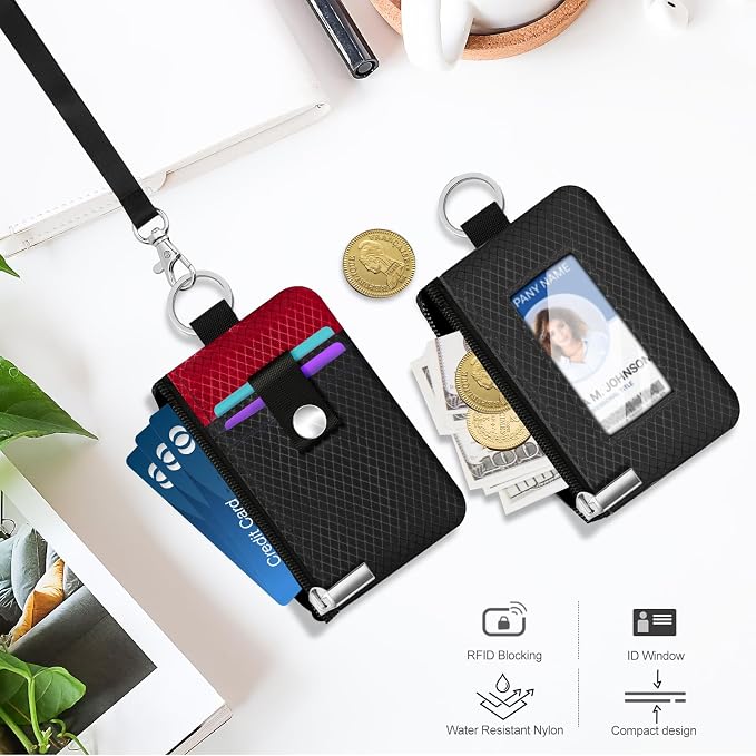 Minimalist RFID Blocking Small Wallet with ID Window,WaterResistant Zip Id Case Wallet with Lanyard Keychain for Cards,Cash,Travel,Women,Men (Black/Red) - Image 8