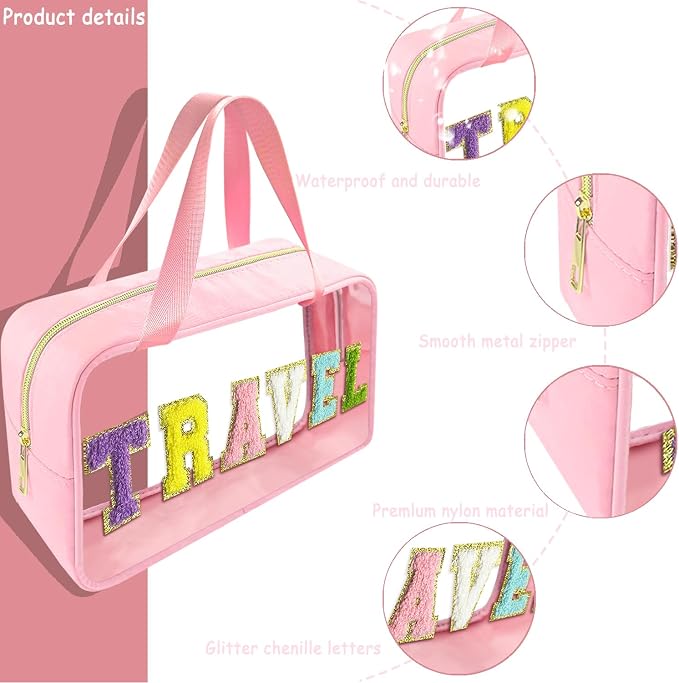 Bunliuys Chenille Letter Clear Makeup Bag Travel Patch, Travel Toiletry Makeup Bag with Handle, Nylon Waterproof Makeup Bags clear cosmetic bag, preppy patch makeup bag for Women (TRAVEL-Pink) - Image 3