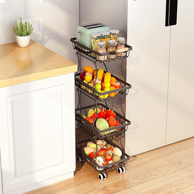 CHLORYARD 4 Tier Slim Fruit Basket for Kitchen, Stackable Metal Wire Fruit Vegetable Storage Baskets Organizer Stand on Wheels, Produce Basket Potato Onion Storage Bins Rack for Pantry. (Black) by CHLORYARD