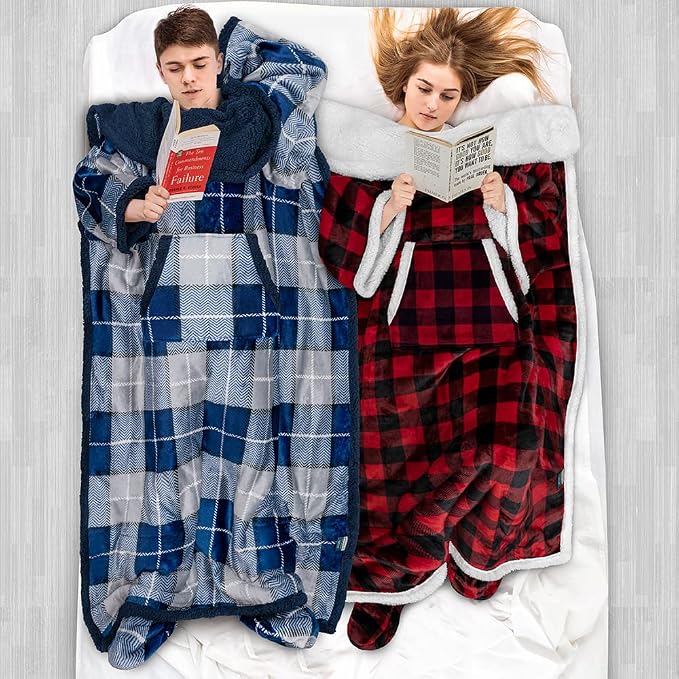 PAVILIA Sherpa Blanket with Sleeves, Foot Pocket for Women Men Adults, Thick Wearable Blanket Throw Wrap, Fleece Warm Snuggle Blanket Robe, Cozy Gift Ideas Wife Mom, Plaid Blue - Image 5