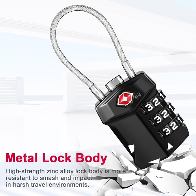 ZHEGE TSA Approved Locks for Luggage Resettable (Black, 2 Pack) | 3 Digit Keyless Cable Locks with Zinc Alloy Body, Easy to Read White Numbers for Suitcase, Backpack, Bag, Toolbox, Gym Locker - Image 4