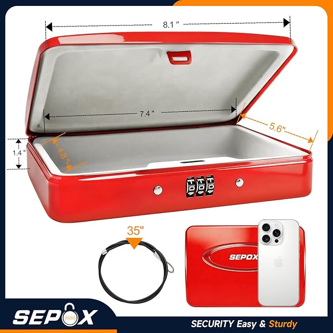SEPOX® 2PK Portable Steel Safe Box 3-Ft Cable Keyless 3-Digit Combo Red Set | For Dorm Car Office 2 Red Portable Safe Boxes Keyless 3-Digit Lock Steel Shell 3-Ft Steel Cable Secures Cash Cards Valuables - Image 6