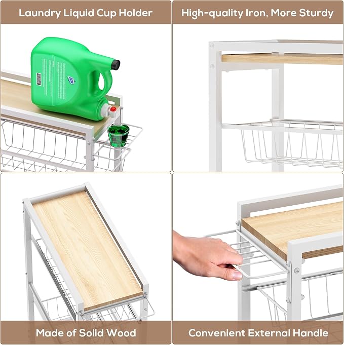 4 Tier Slim Rolling Storage Cart with Pull-Out Baskets, Narrow Sliding Storage Slim Laundry Cart Slim Rolling Kitchen Cart - Image 5