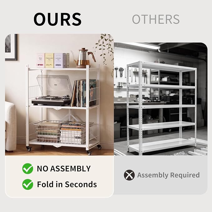 Folding Storage Shelves No Assembly, 3 Tier Foldable Shelves with Wheels, Collapsible Rolling Storage Rack for Pantry Laundry Room Small Spaces, White - Image 7