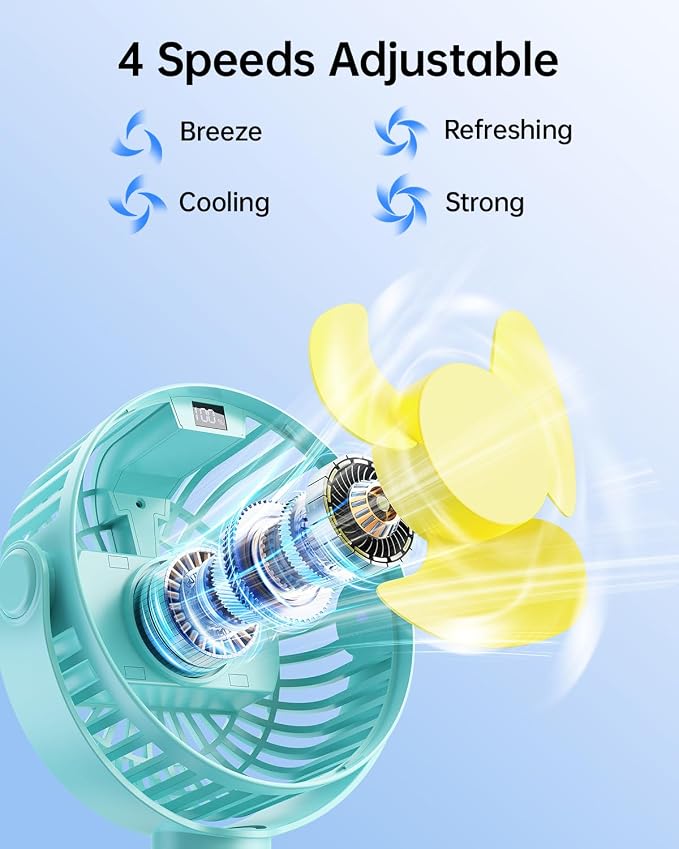 SWEETFULL Portable Stroller Fan with Display 4000mAh Battery Powered Mini Clip On Fan, 4-Speed Rechargeable Small Personal Cooling for Baby Car Seat Crib Travel - Cyan - Image 3