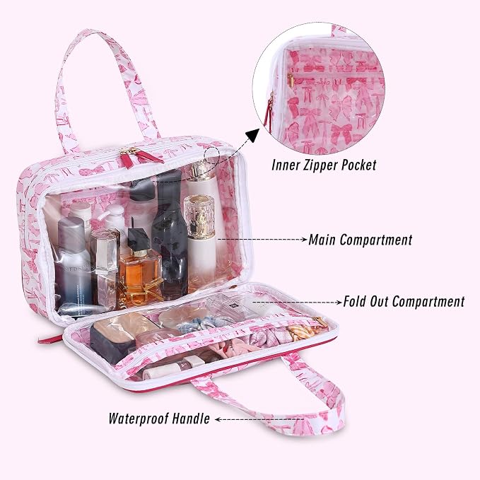 Toiletry Bag for Women, Pink Bow | Clear Coated,Waterproof,Multiple Compartment,Open Flat,Handle,Travel Organizer for Shampoo,Conditioner,Cosmetic Accessories - Image 2