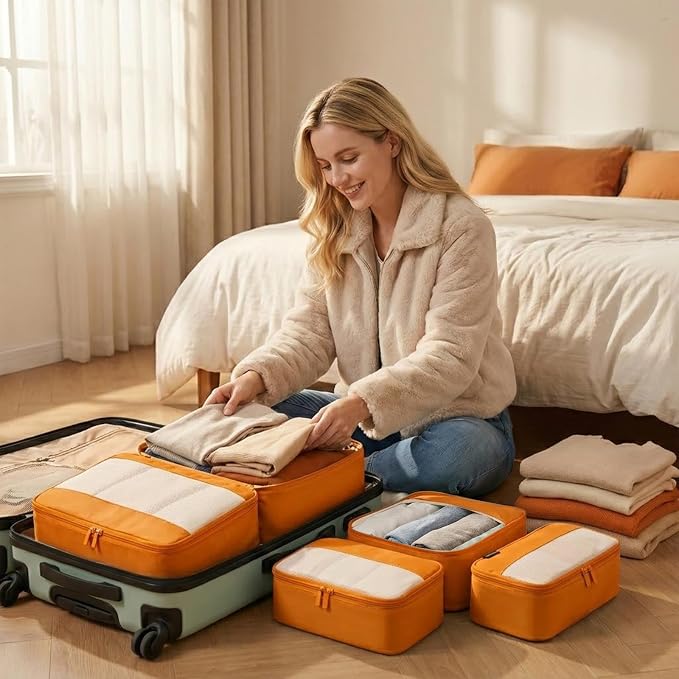 4 Piece Compression Packing Cubes for 3–7 Day Travel, Space Saving Travel Organizers with Breathable Mesh, Double-Zipper Packing Cubes for Carry-On & Suitcases (Orange) - Image 6