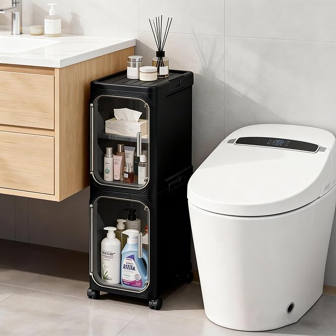 2-Tier Narrow Storage Cabinet Slim Bathroom Skinny Organizer with Wheels | Slim Storage Cabinet with Lockable Rolling Wheels Adjustable Detachable Shelves Snap Assembly for Small Spaces,Black by LXLXXL