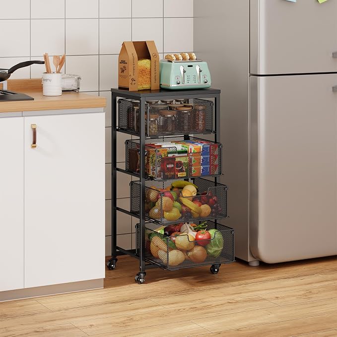 4-Tier Fruit Vegetable Storage Cart - Kitchen Organizer and Storage Cart with Wheels, Wooden Top Metal Wire Fruit Vegetable Rack Stand with Drawers to Storage Cans Snacks for Kitchen(Patent Pending) - Image 6