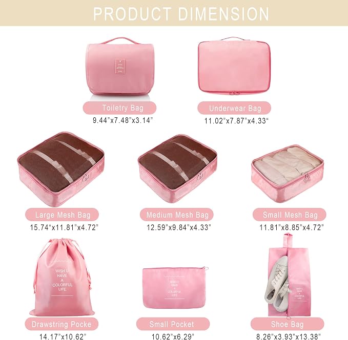 Packing Cubes, 8 Pcs Travel Packing Organizers for Suitcases, Large Capacity Travel Luggage Organizers Set includes 8 Storage Bags for Women or Men (Pink) - Image 2