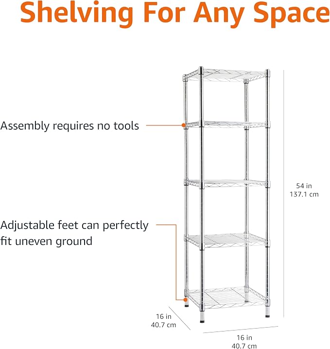 Amazon Basics 5-Shelf Tower Adjustable Storage Shelving Unit, Chrome, 16" x 16" x 54", 150 lbs Per Shelf | Tower - Image 3