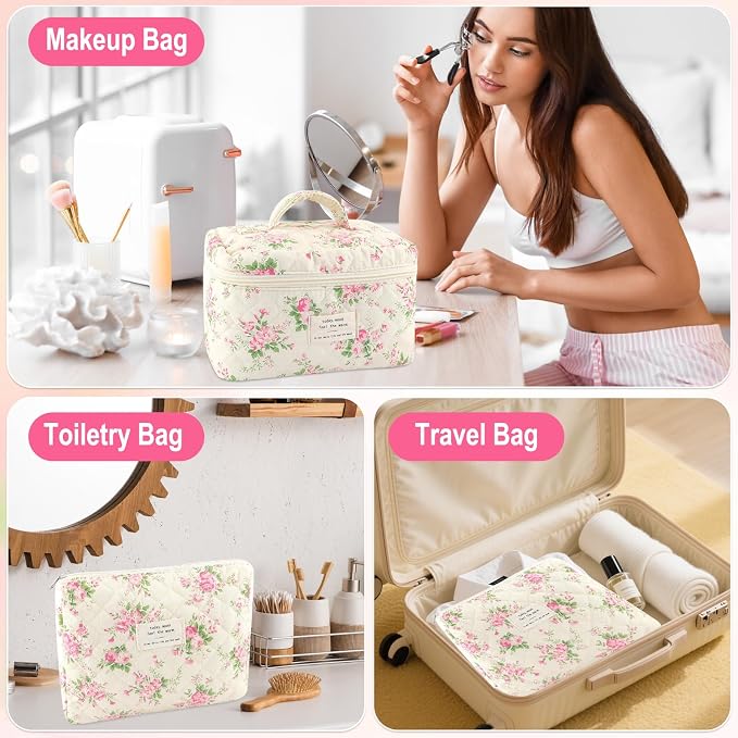 URSKYTOUS 2Pcs Cotton Quilted Makeup Bag for Women Extra Large Small Travel Cosmetic Bag Set Cute Pink Floral Print Makeup Pouch Portable Toiletry Bag Organizer Coquette Vintage Puffy Travel Essential - Image 4