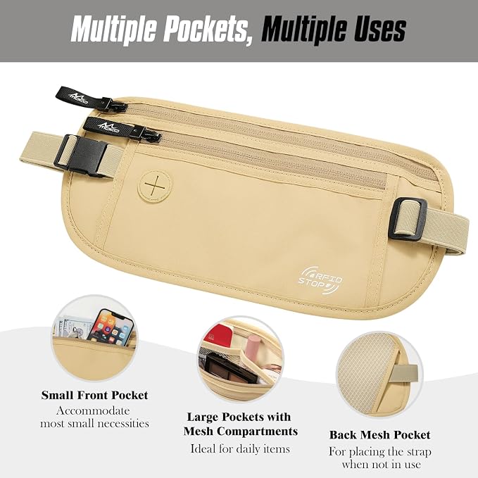 MoKo Travel Money Belt, RFID Blocking Passport Wallet | Slim RFID-blocking money belt has 3 pockets, water-resistant nylon and an adjustable strap for 28-50 in waists - Image 5