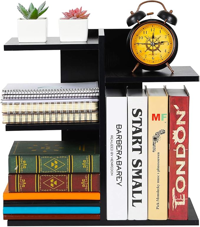Wood Desktop Shelf Small Bookshelf Desk Supplies Organizers and Accessories Storage Display Rack Office Decor for Women, Black - Image 4