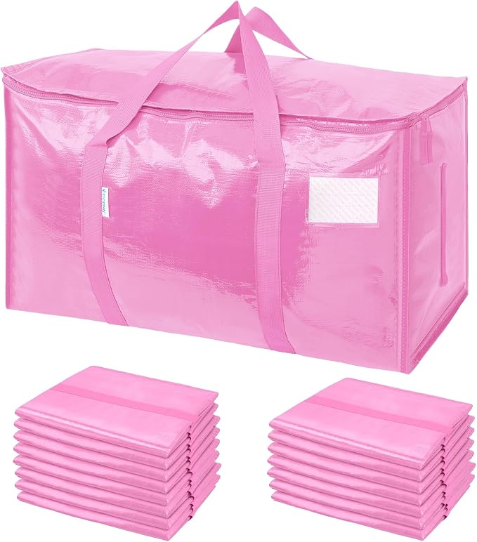 TICONN 16 Pack Extra Large Moving Bags Heavy Duty with Zippers & Carrying Handles, Durable Storage Bags Moving Boxes for Closet Organizers and Storage (16 Pack, Pink) by TICONN