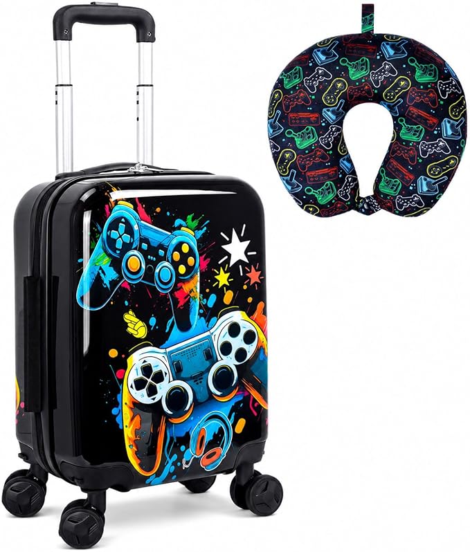 UFNDC Lightweight Hardshell Spinner Kids Suitcase Set 2PCS with Wheels - Airplane Approved Carry-On Luggage for Boys & Children Ages 3-10, Fun Game Rolling Suitcases for Elementary Toddler Travel by UFNDC