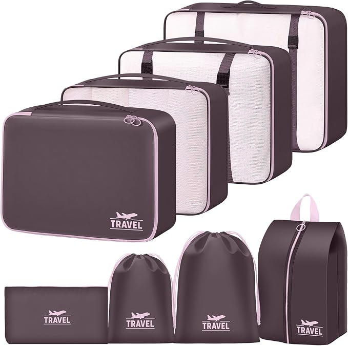 Packing Cubes for Travel - 8 Set Luggage Organizer Bags for Family, Mesh Breathable Packing Cubes for Suitcases Durable Travel Essentials Bags Set (Upgrade-Brown) by YEEYAA