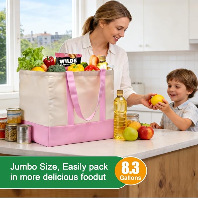 1-Pack Heavy Duty Canvas Reusable Grocery Bags, 8.3 Gal Foldable Large Tote with Handles, Washable Eco-friendly Bags with 5 Pockets, (Pink/Beige) - Image 2