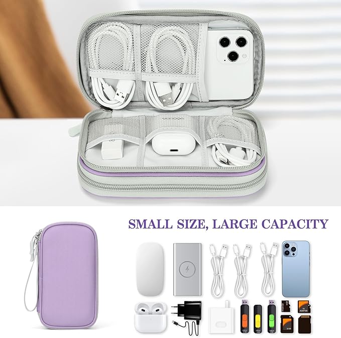 FYY Electronic Organizer, Travel Tech Pouch, Cable Organizer Light Purple | Wrist Strap, Waterproof, Double Layers Portable Electronics Travel Carrying Case for Cord, Charger, Daily Business Trips Use - Image 6